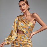 One Shoulder Cut Out Maxi Flowers Dress